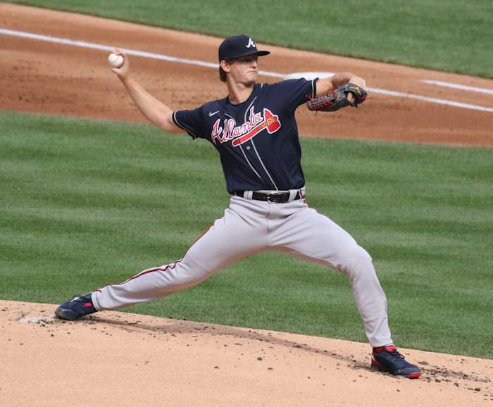 Mike Soroka pitches for the Braves as the Atlanta Braves play the NY Mets on Opening Day at Citi Field in Queens, NY on July 24, 2020. The Atlanta Braves Play The Ny Mets On Opening Day At Citi Field In Queens Ny On July 24 2020